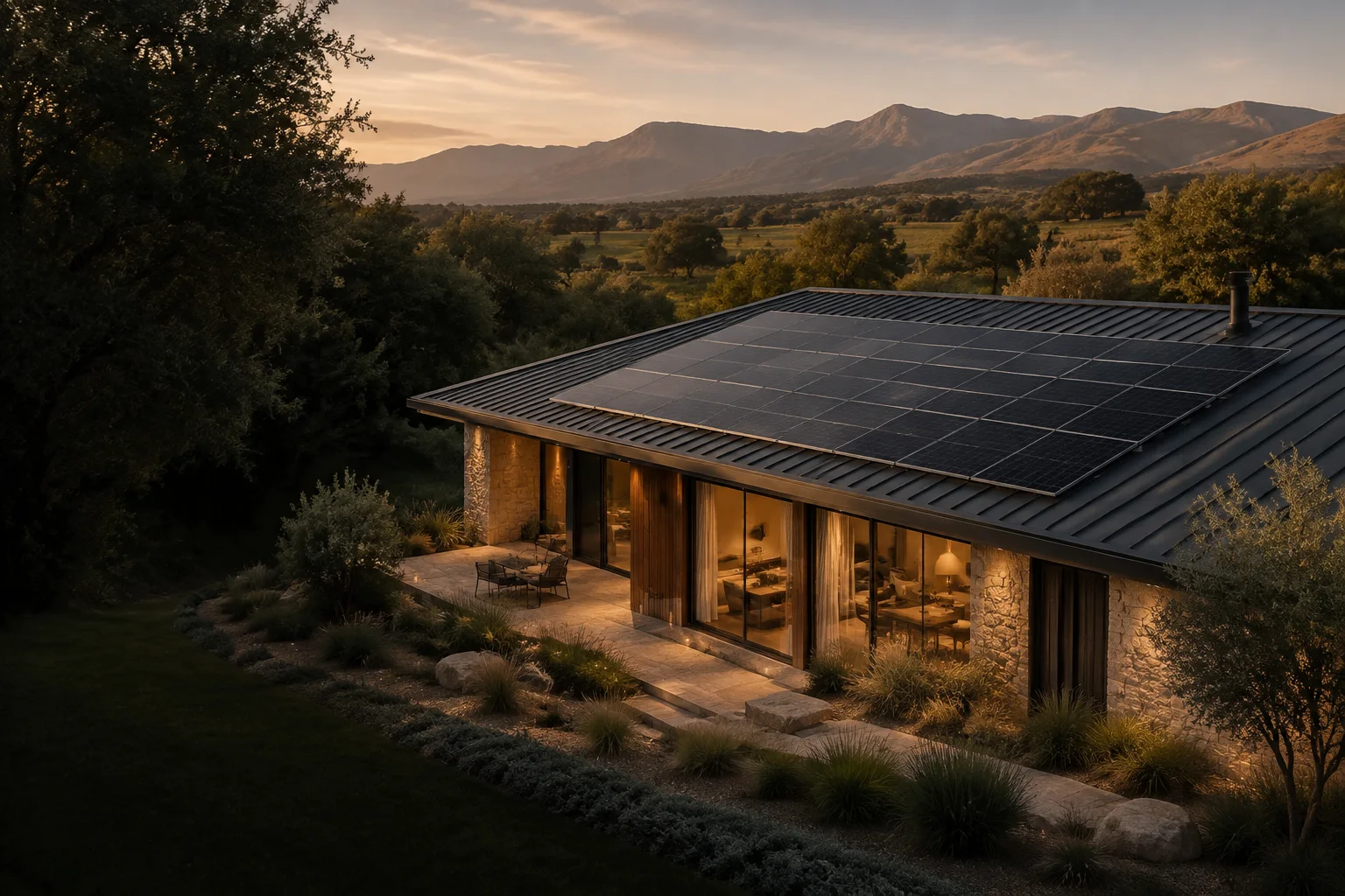 Visualización de una casa en las sierras de Córdoba con paneles solares en el techo y un interior cálido.
